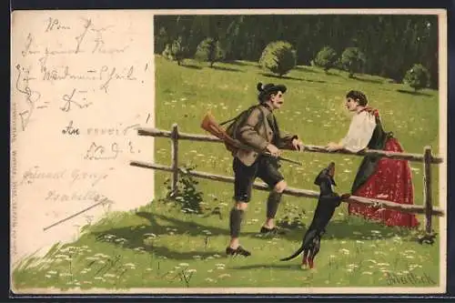 Künstler-Lithographie Alfred Mailick: Jäger flirtet mit seiner Liebsten, Dackel