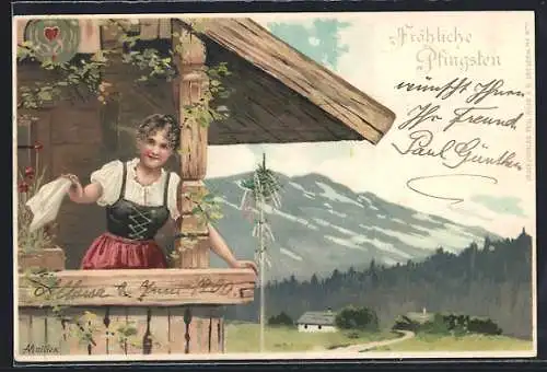 Künstler-Lithographie Alfred Mailick: Fröhliche Pfingsten, Maid mit weissem Taschentuch