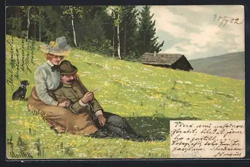 Künstler-AK Alfred Mailick: Junges Par mit Hund auf einer Wiese