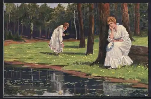Künstler-AK Alfred Mailick: Zwei Frauen am Waldteich
