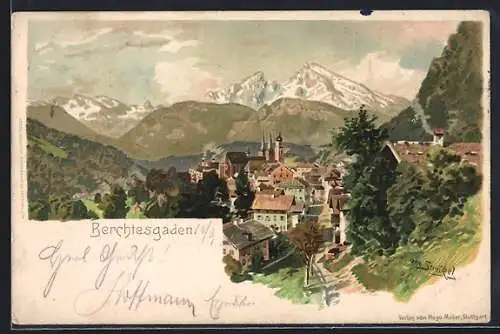 Lithographie Berchtesgaden, Teilansicht mit Kirche