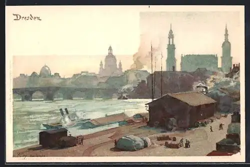 Künstler-Lithographie Heinrich Kley: Dresden, Motiv mit Elbe