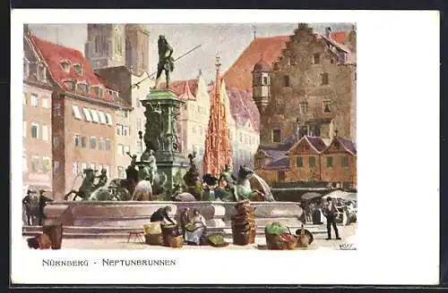 Künstler-AK Heinrich Kley: Nürnberg, Neptunbrunnen, Gemüseverkäufer davor