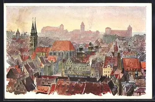 Künstler-AK Nürnberg, Ortsansicht aus der Vogelschau
