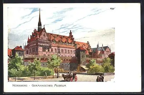 Künstler-AK Heinrich Kley: Nürnberg, Germanisches Museum, Aussenansicht mit Kutsche