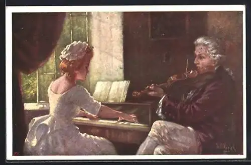 Künstler-AK R. Ulreich: Mozart mit Geige begleitet Dame am Klavier
