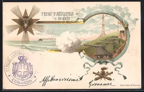 Lithographie 1. Reggimento d`Artiglieria da Costa, Küstenschutzkanonen