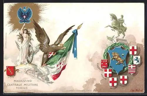 Lithographie Torino, Magazzino Centrale Militare, Adler mit Flagge, Wappen