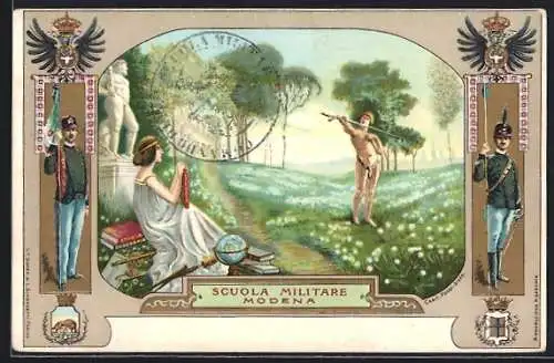Lithographie Modena, Scuola Militare, Soldaten in Uniform, Wappen