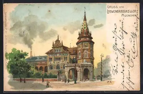 Künstler-Lithographie Muenchen, Partie am Loewenbraeukeller