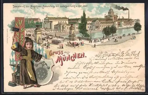 Lithographie München, Maschinen-Ausstellung 1898, Totalansicht mit Ludwigsbrücke und Isar