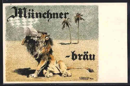 Künstler-AK Brauerei-Werbung f. Münchener Löwenbräu, Löwe leert einen Bierkrug