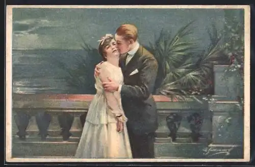 AK Herr küsst eine Dame am Abend, Art Deco