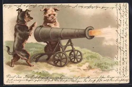 Lithographie vermenschlichte Terrier feuern eine Kanone ab