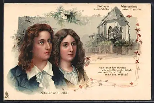 AK Friedrich Schiller und Lotte, Kirche in Wenigenjena in der Schiller getraut wurde