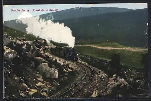 AK Brockenbahn passiert das Eckerloch mit Blick zum Brocken, Eisenbahn