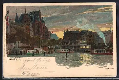 Künstler-AK Heinrich Kley: Hamburg, Ortsansicht mit Dampfer