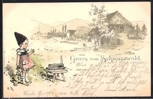 Künstler-AK Fritz Reiss: Kind mit Puppe in der Hand vor Bauernhaus