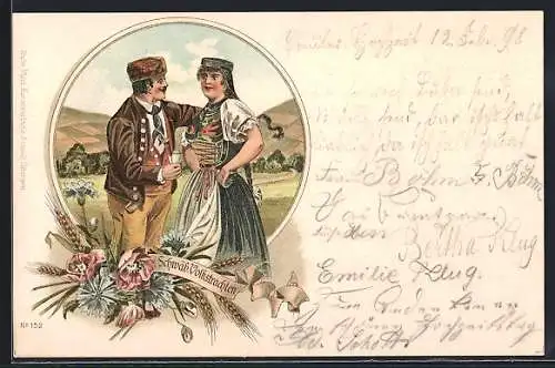 Lithographie Schwäbisches Paar in Volkstracht auf der Weide