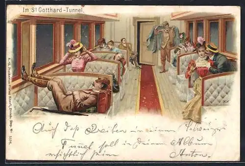 Lithographie Fahrgäste in einem Eisenbahnabteil bei der Fahrt durch den St. Gotthard-Tunnel, schweizer Eisenbahn