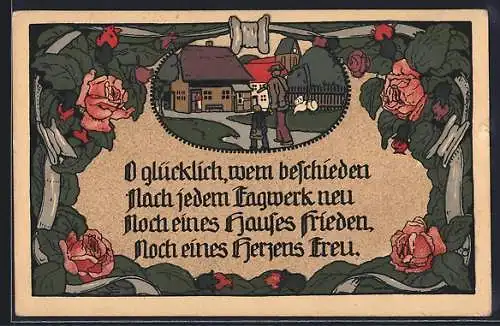 Steindruck-AK Landwirt auf dem Heimweg und Spruch