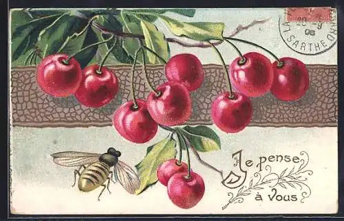 AK Biene fliegt auf Kirschen