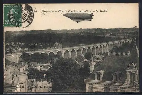 AK Nogent-sur-Marne-Le Perreux-Bry, Viadukt mit Zeppelin-Luftschiff