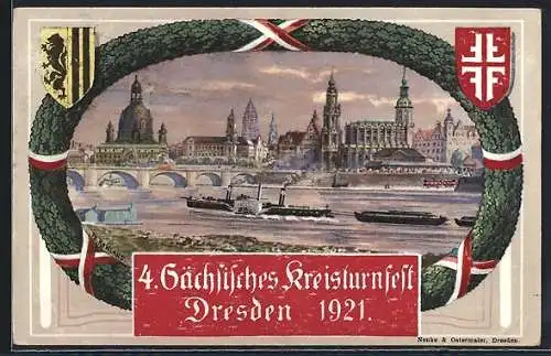 AK 4. Sächsisches Kreisturnfest 1921 in Dresden, Ortsansicht mit Elbe und Frauenkirche