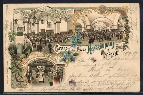 Lithographie München, neues Hofbräuhaus, Innenansichten