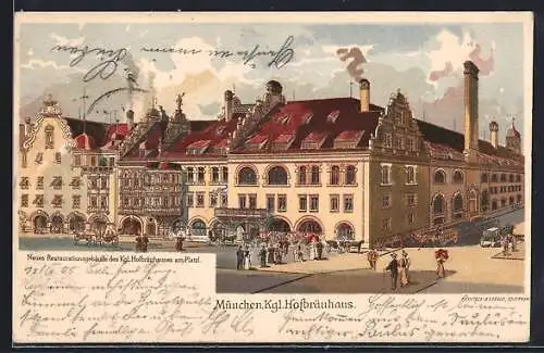 Lithographie Münchner Hofbräuhaus mit Passanten