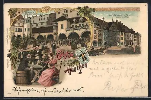 Lithographie Das neue Münchner Hofbräuhaus am Platzl, Arkadenhof