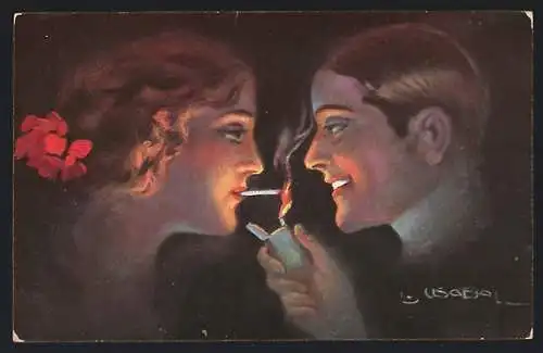 Künstler-AK Luis Usabal: Usabal: Mann zündet einer Frau die Zigarette an