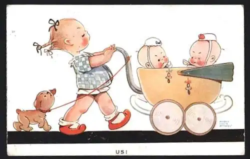 Künstler-AK Mabel Lucie Attwell: Us!, Mädchen mit Hund schiebt zwei Babys im Kinderwagen