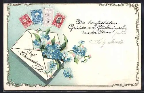 AK Verschiedene österr. Briefmarken, Briefumschlag mit Blumen gefüllt