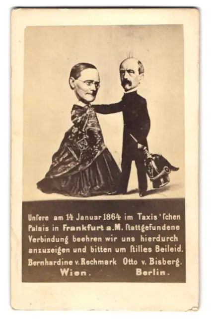 Fotografie Karikatur Otto von Bismarck und Bernhard von Rechberg zum Deutsch-Dänischen Krieg 1864, Pickelhaube 0