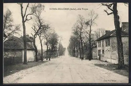AK Mesnil-Sellières, Vue de la route bordée d`arbres et de maisons