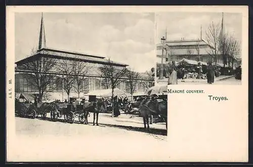 AK Troyes, Marché couvert avec calèches et foule animée