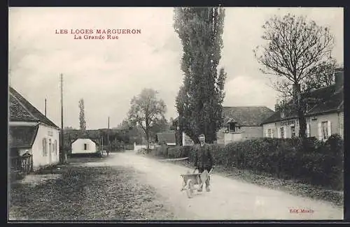 AK Les Loges Margueron, La Grande Rue avec un homme et une brouette