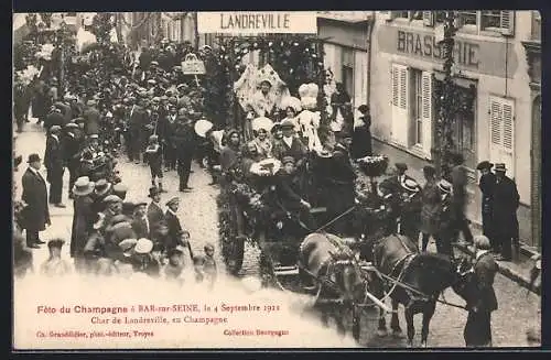 AK Bar-sur-Seine, Fête du Champagne avec char de Landreville, 4 septembre 1921