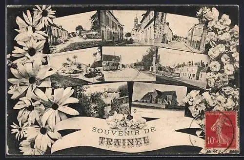 AK Traînel, Souvenir avec vues multiples du village et fleurs décoratives
