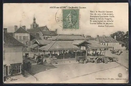 AK Arcis-sur-Aube, Le Marché Couvert avec voitures et bâtiments environnants