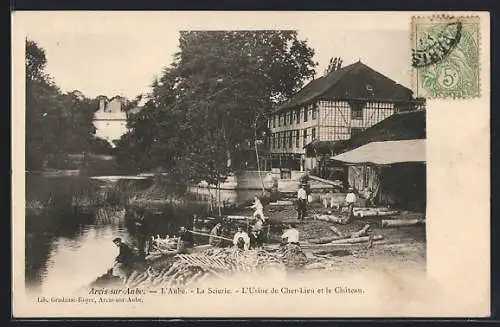 AK Arcis-sur-Aube, L`Aube, la scierie, l`usine de Cher-Lieu et le château
