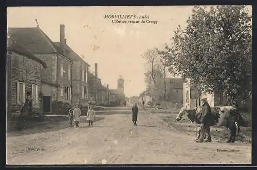 AK Morvilliers, L`entrée venant de Crépy avec enfants et vache sur la route