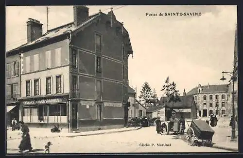 AK Sainte-Savine, Vue de la Poste et de la rue animée
