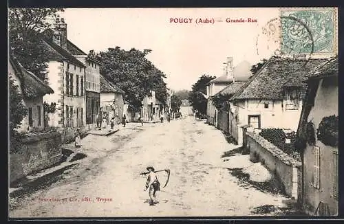 AK Pougy, Grande-Rue animée avec villageois et maisons traditionnelles