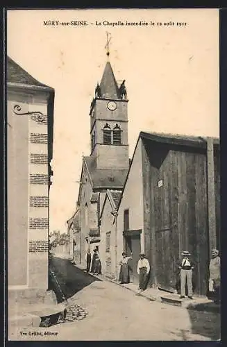 AK Méry-sur-Seine, La Chapelle incendiée le 12 août 1911