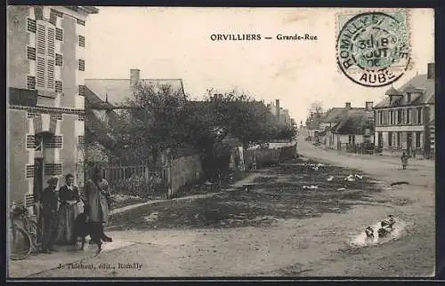 AK Orvilliers, Grande-Rue animée avec habitants et chiens