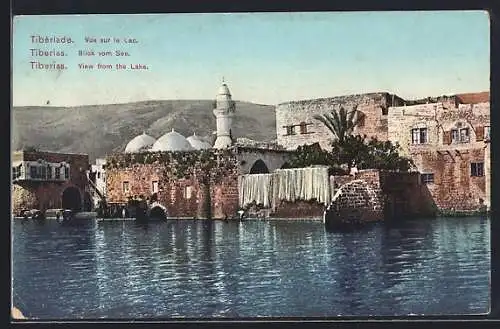 AK Tiberias, Blick vom See auf den Ort