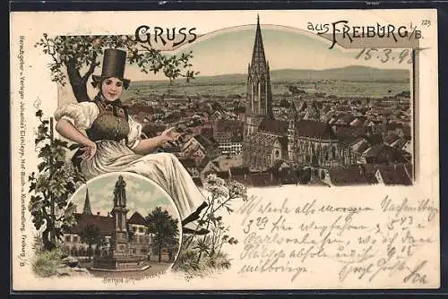 Lithographie Freiburg / Breisgau, Berthold Schwarz-Denkmal, Ortsansicht