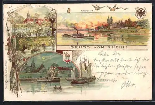 Lithographie Uerdingen, Teilansicht mit dem Rheintor, Wittlaer und Kaiserswerth mit Dampfer auf dem Rhein, Wappen